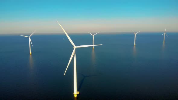 Windmill Park in the Ocean Drone Aerial View of Windmill Turbines Generating Green Energy Electric