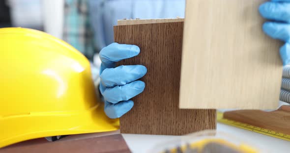 Builder Choosing Wooden Laminate Boards in Different Colors Closeup  Movie