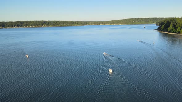 Boat moving forward on calm blue water with distant green tree coast and light blue sky