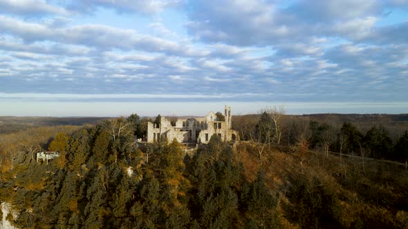 Hillside Castle Ruins in Missouri, America Midwest Landscape, Aerial