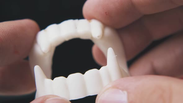 Man Holds Toy Vampire Teeth on Black Background Macro