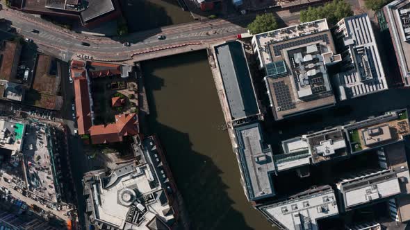 Top down drone shot over Central Bristol canal and construction site