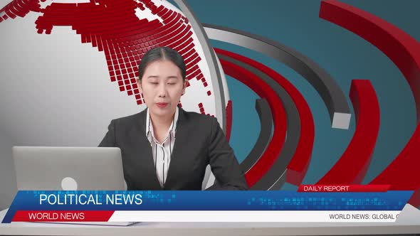 Live News Studio With Asian Female Anchor And Her Computer Reporting On The Events Of The Day