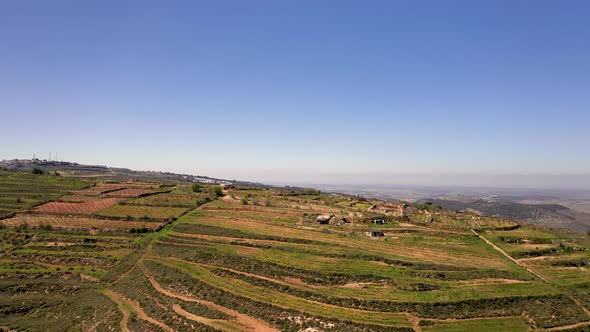 Aerial view of green Golan terrace hills, Israel