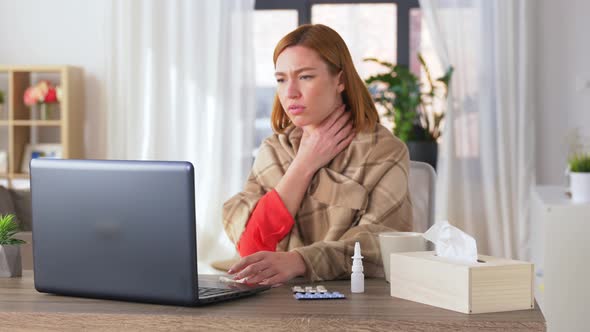 Sick Woman Having Video Call on Laptop at Home