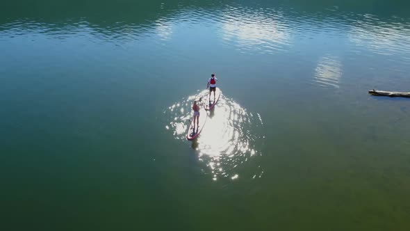 Couple on stand up paddle board oaring in river