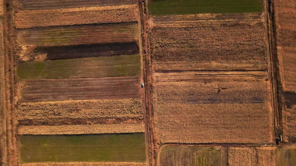 Aerial drone view of a moving car in wide fields of Moldova, autumn. Yellowed vegetation, slow motio