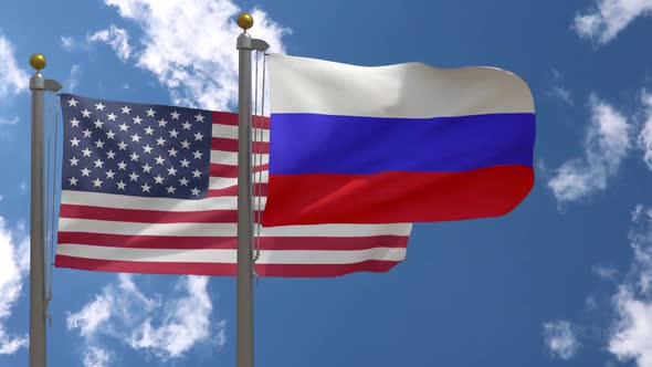 Usa Flag Vs Russia Flag On Flagpole