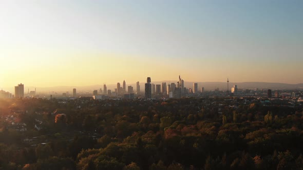 Cinematic Aerial of Frankfurt Skyline panorama at sunset