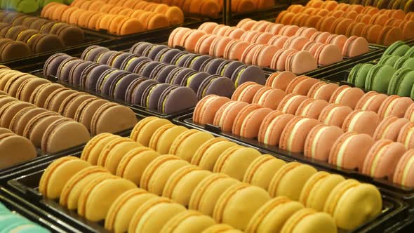 Trays with Colorful Macaroons. Metal Trays with Delicious Colorful Macaroons Placed on Stall in Cafe