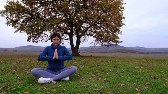 Woman Enjoy Yoga at Autumn Park Near Alone Oak