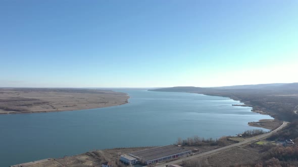 Descending scene of river Danube by autumn 4K drone footage