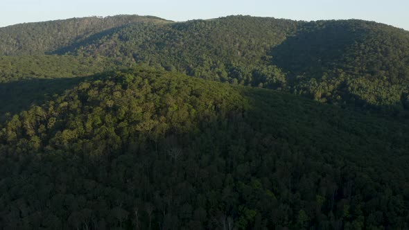 An aerial shot of Flyods Mountain and Cole Mountain at dawn during summer. Located in the George Was