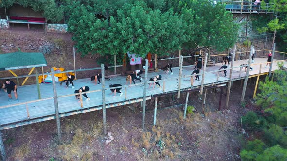 Aerial view of women doing pilates