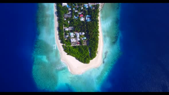 Aerial drone scenery of idyllic lagoon beach voyage by blue ocean and white sand background of a day