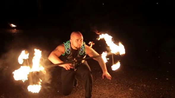 Fire Show Dancing with Flame Male Master Fakir with Fire Works Performance Outdoors