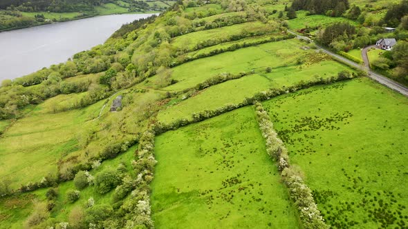 Aerial View of Fields Next to Glencar Lough in Ireland