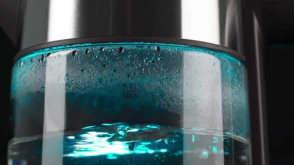 Boiling Water in a Glass Electric Kettle Rises in Bubbles in Slow Motion