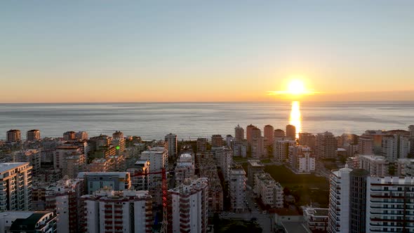 Colorful Panorama sunset over the city Aerial View 4 K