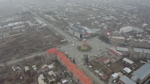 Aerial view Gyumri, Armenia. Charles Aznavour in ring road of Gyumri.