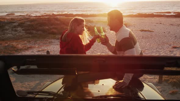 Couple in love enjoying free time on road trip together