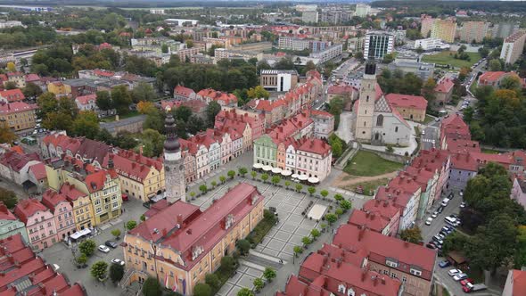 Aerial drone view of the market square in Bolesławiec on a cloudy day. Bolesławiec, Lower Silesia, P