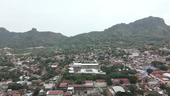 Frontal view of the town of tepoztlan and convent in Mexico