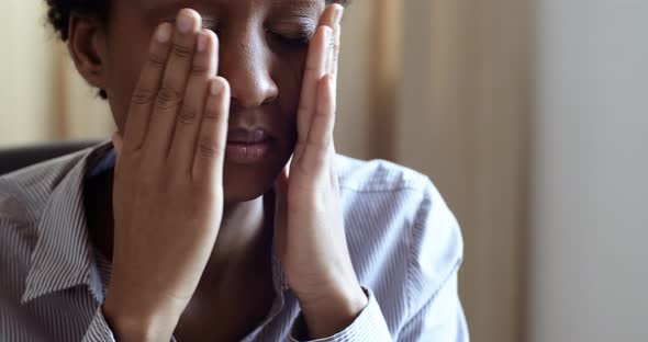 Close Up Portrait of Frustrated Depressed Young African American Woman Feel Stress Anxiety, Worried