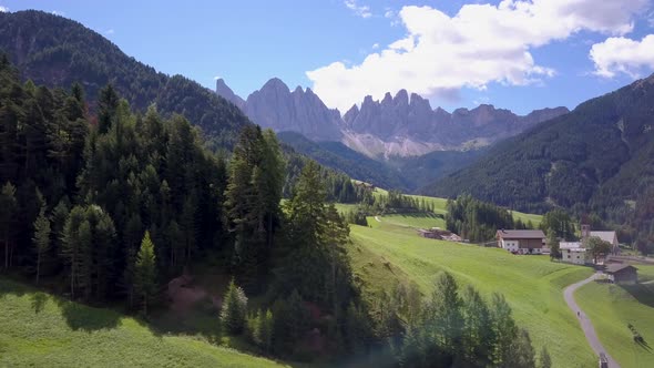 Aerial travel drone view of South Tyrol, Italy and the Dolomites mountains.