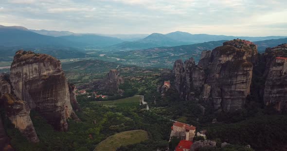 Aerial View Of The Mountains And Meteora Monasteries In Greece