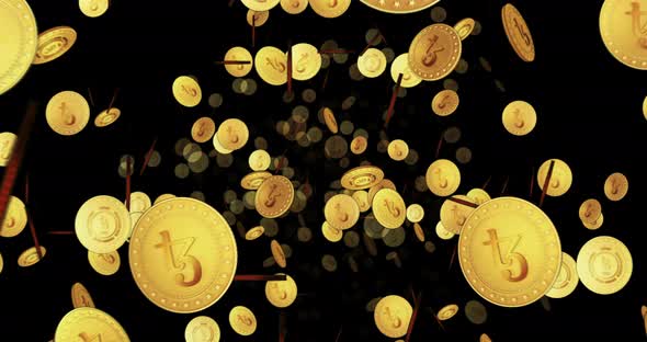 Tezos XTZ cryptocurrency looped flight between golden coins