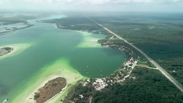 Drone view of the amazing colors of Bacalar lagoon in Mexico