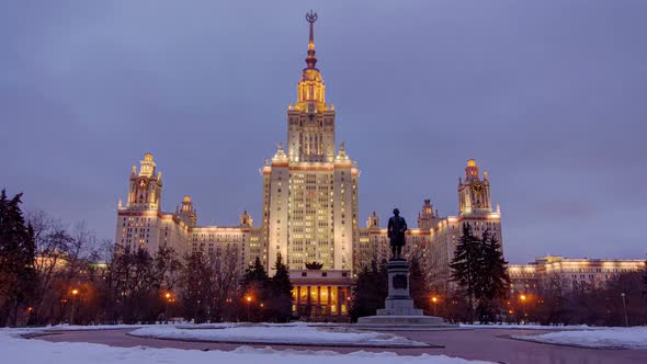 The Main Building Of Moscow State University On Sparrow Hills At Winter Timelapse Day To Night