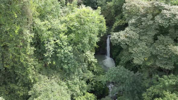 Aerial shot of a waterfall cascading down rocks surrounded by trees in a forest