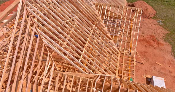 In an Aerial View of a New Building There is a Timber Truss Frame Beam Framework