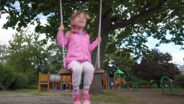 A Young Girl Happily Swings on a Swing on the Background of Green Trees