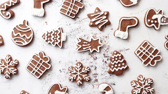 Composition of Delicious Gingerbread Cookies Shaped in Various Christmas Symbols