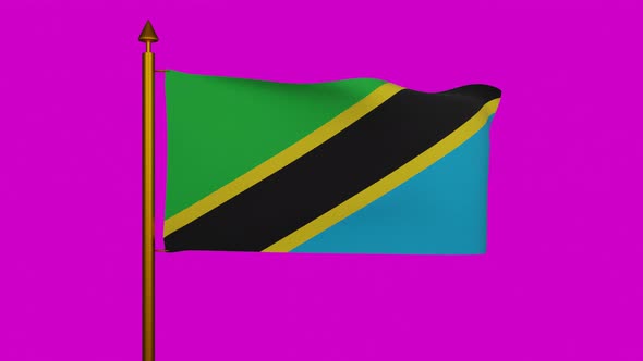 National flag of Tanzania waving with flagpole on chroma key, United Republic Tanzania flag textile