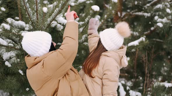 Parents with Daughter Walking in Forest in Winter