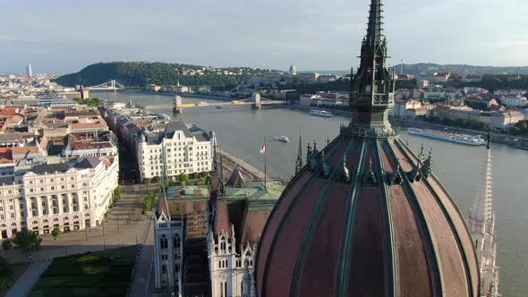 Aerial shot of the dome of Hungarian Parliament Building in Budapest, Hungary