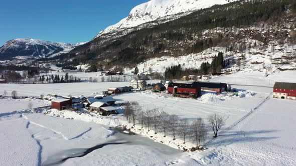 Winter exterior view of Smalahovetunet Lono farm at Voss - Famous for sheeps head special culinary a