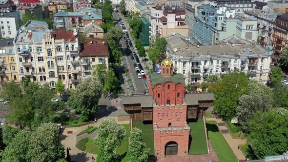 Top view of the historical complex "Golden Gate" in Kiev. Beautiful spring flight over the city.