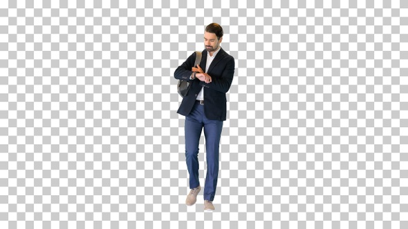 Handsome young businessman with backpack walking, Alpha Channel