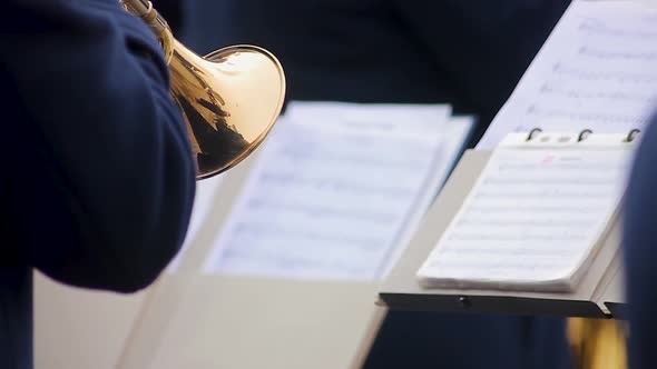 Orchestra Musician Reading Notes and Skillfully Performing Part on Trumpet, Show