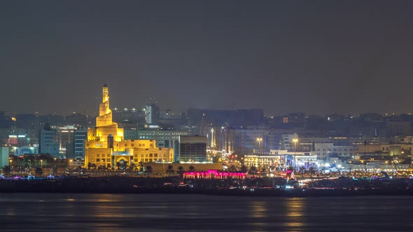 Doha Skyline with the Islamic Cultural Center Timelapse in Qatar Middle East