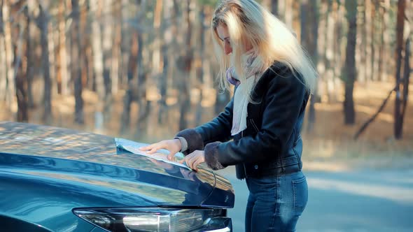 Woman Searching Way On Map.Tourist With Map.Tourist Look Map.Road Tourism Travel Guide.Check Route