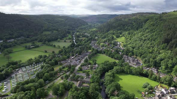 Betws y coed north Wales UK panning  drone aerial view