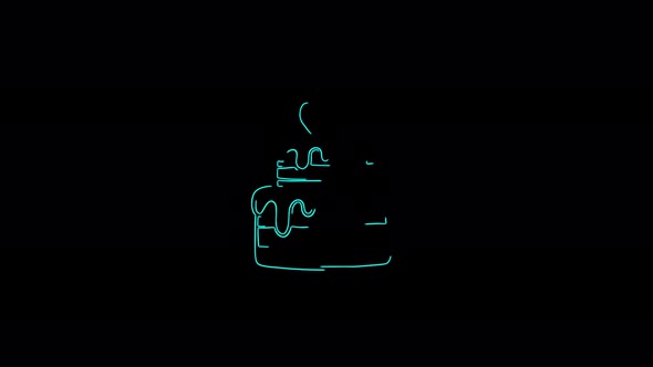 Cake icon with moving lines heart on a black background. 4K video neon linear animation. Food