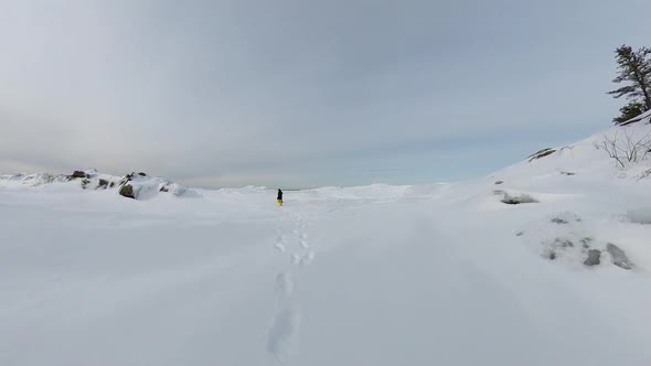 2 people walking on frozen lake