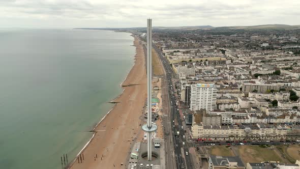 Aerial Flyover And Tilt Down British Airways I360 Tower Brighton Beach Uk